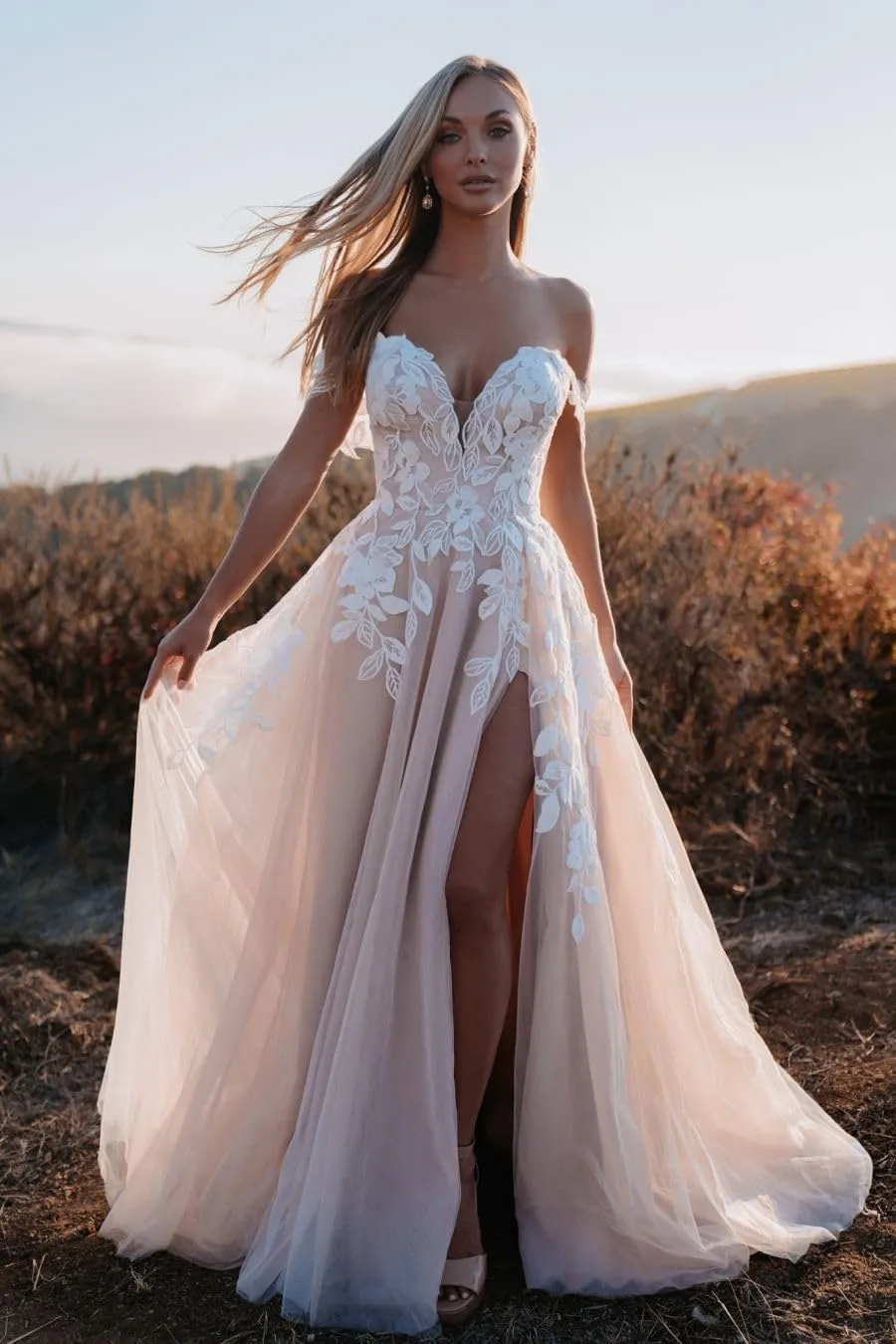 Loyeloy Women's Wedding Dresses for Bride 2025 Sexy V Neck Slit Lace Bridal Wedding Gowns for Bride YJ010