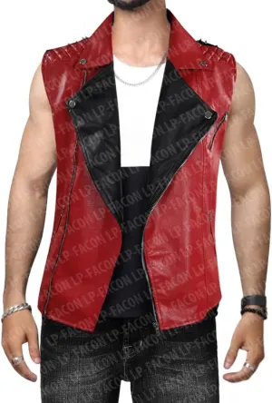 LP-FACON Mens Spikes Studded Rock Punk Red Leather Vest Motorcycle Brando Biker Leather Jacket Real/Faux