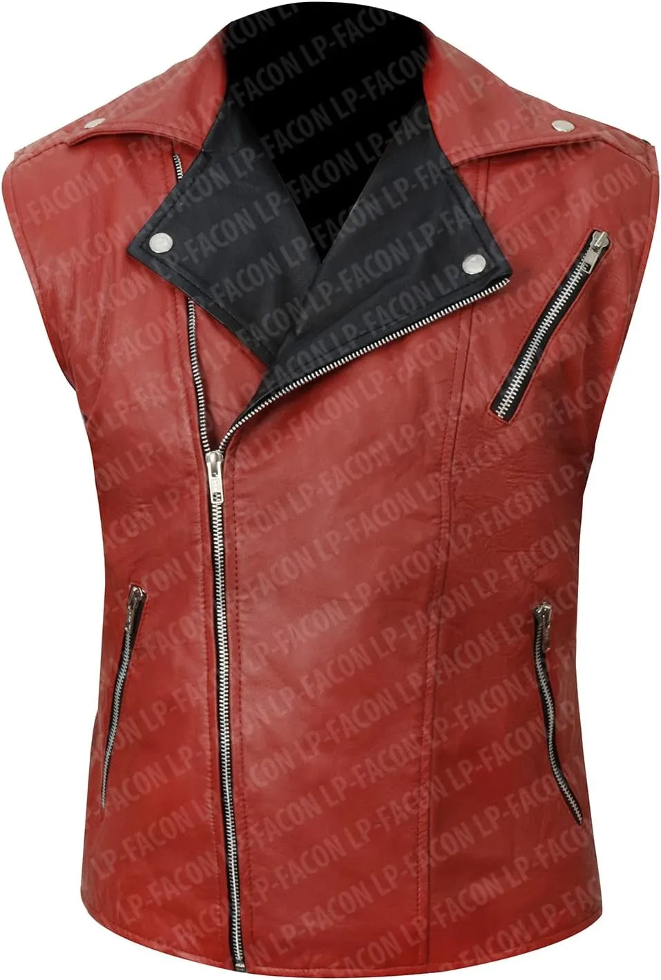 LP-FACON Mens Spikes Studded Rock Punk Red Leather Vest Motorcycle Brando Biker Leather Jacket Real/Faux