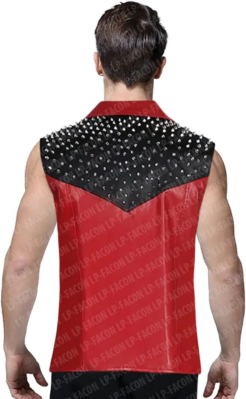 LP-FACON Mens Spikes Studded Rock Punk Red Leather Vest Motorcycle Brando Biker Leather Jacket Real/Faux