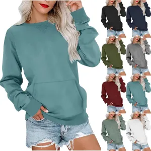 LRMQS Womens Crewneck Long Sleeve Sweatshirt with Kangaroo Pocket Solid Color Pullover Sweatshirts Fall 2023 Fashion Shirt