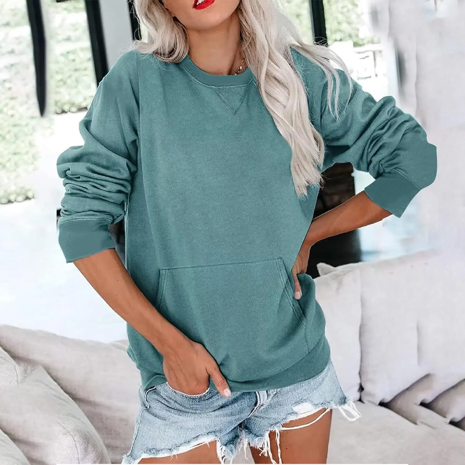 LRMQS Womens Crewneck Long Sleeve Sweatshirt with Kangaroo Pocket Solid Color Pullover Sweatshirts Fall 2023 Fashion Shirt