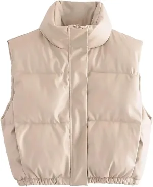 Lumister Womens Faux Leather Puffer Vest PU Leather Padded Cropped Vest Sleeveless Stand Collar Gilet Puffy Crop Jacket Coat