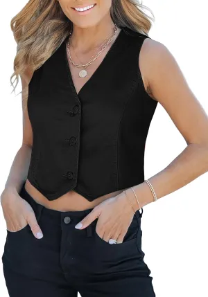 luvamia Jean Vests for Women Crop Denim Top Button Down Waistcoat Vest Tank Tops Fashion Casual Sleeveless Jacket