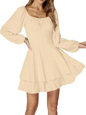 LYANER Women's Lantern Long Sleeve Wrap Tie Back Square Neck Double Layer Ruffle Hem A Line Short Mini Dress