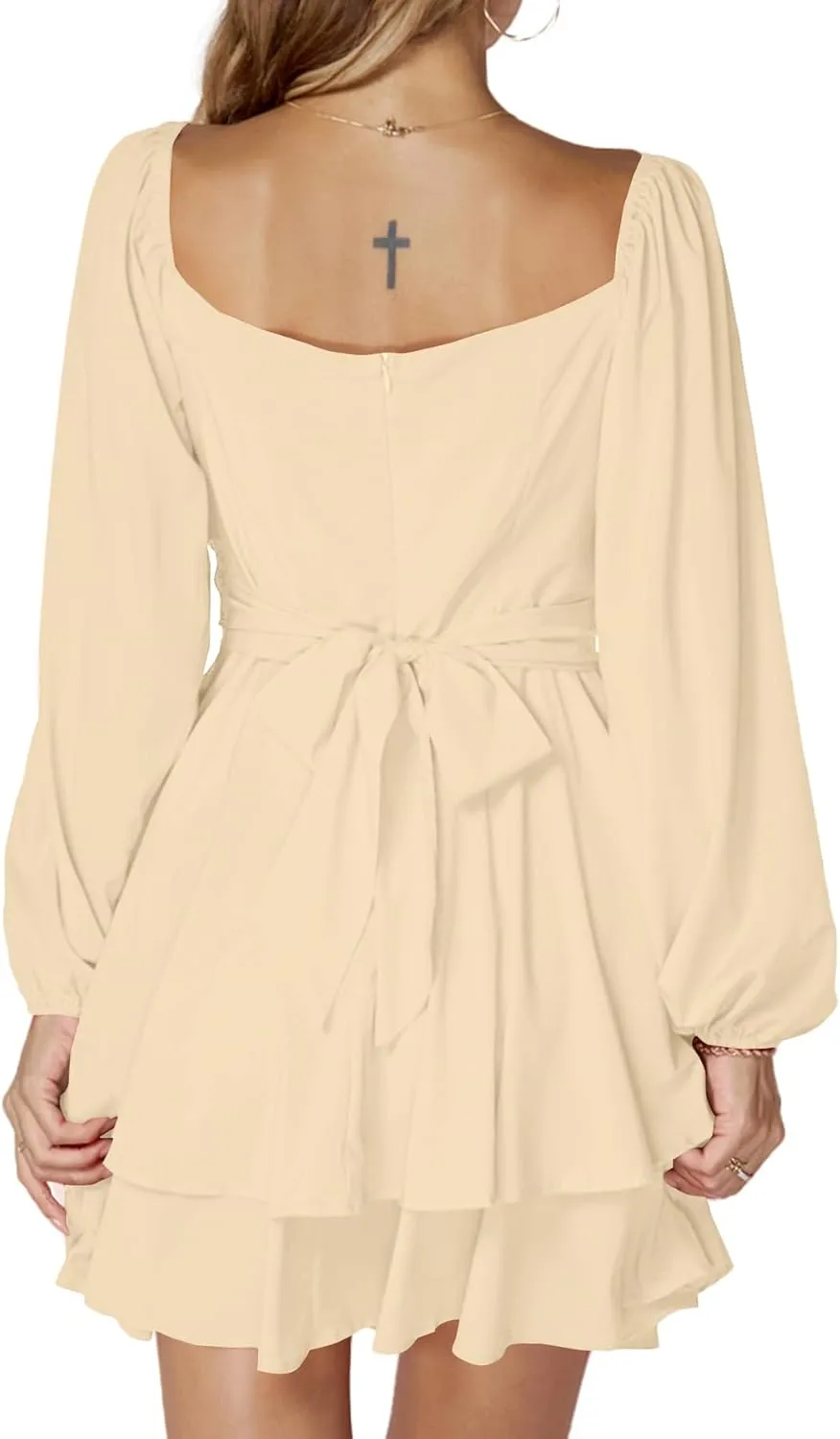 LYANER Women's Lantern Long Sleeve Wrap Tie Back Square Neck Double Layer Ruffle Hem A Line Short Mini Dress