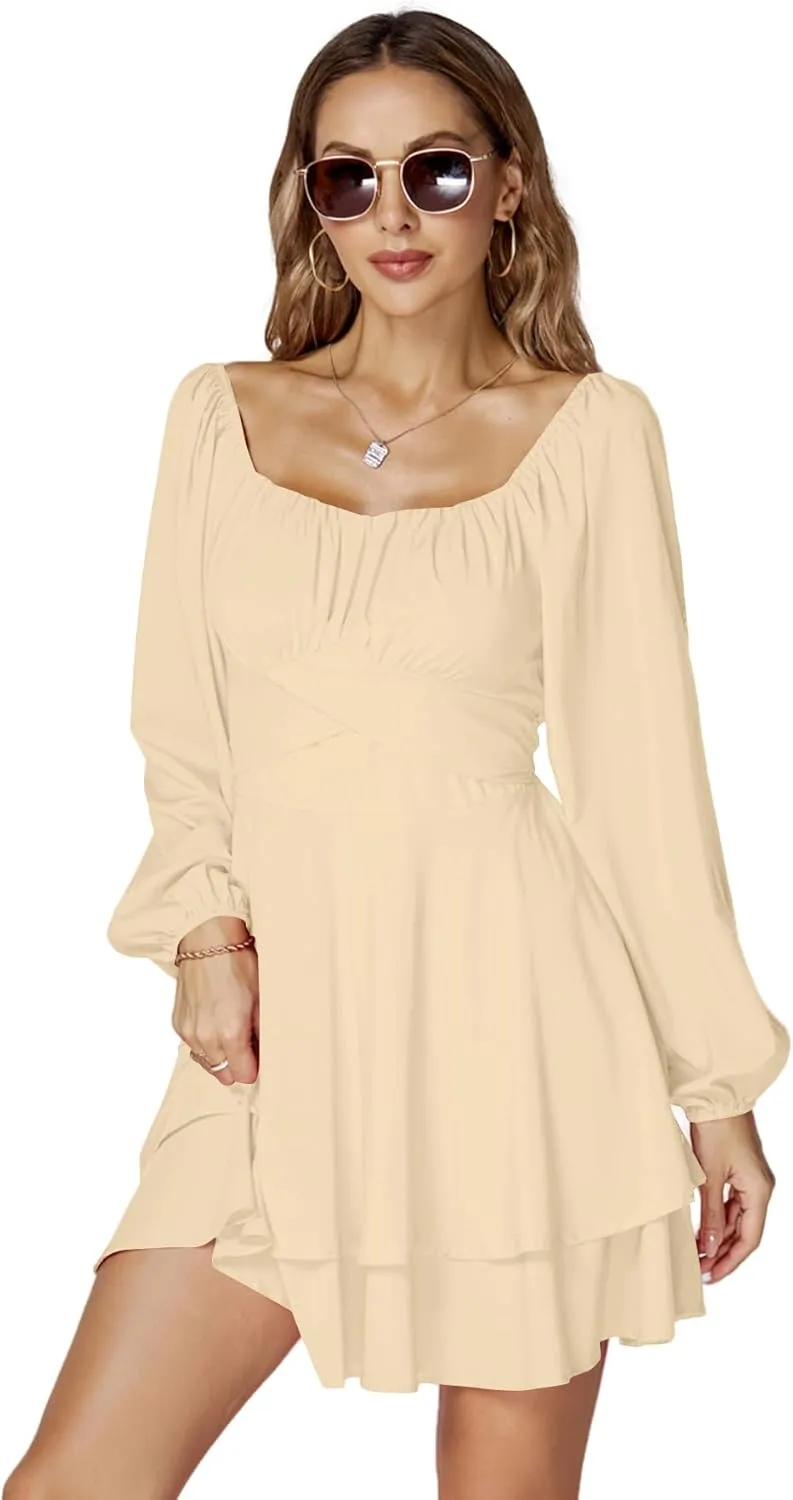 LYANER Women's Lantern Long Sleeve Wrap Tie Back Square Neck Double Layer Ruffle Hem A Line Short Mini Dress
