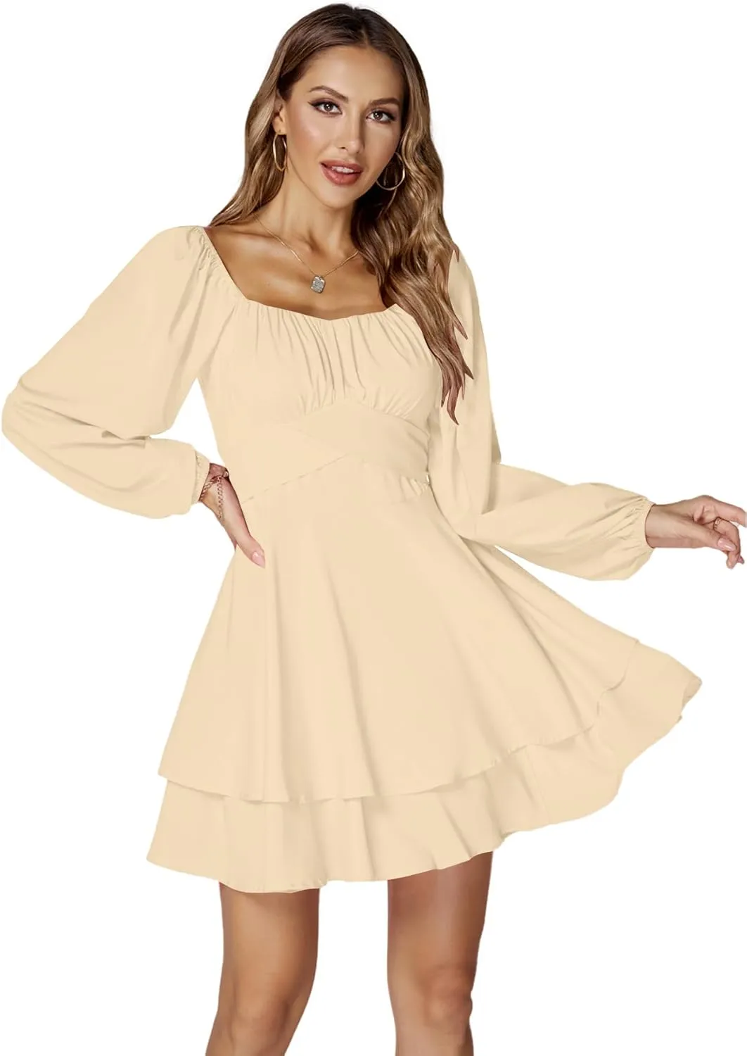 LYANER Women's Lantern Long Sleeve Wrap Tie Back Square Neck Double Layer Ruffle Hem A Line Short Mini Dress