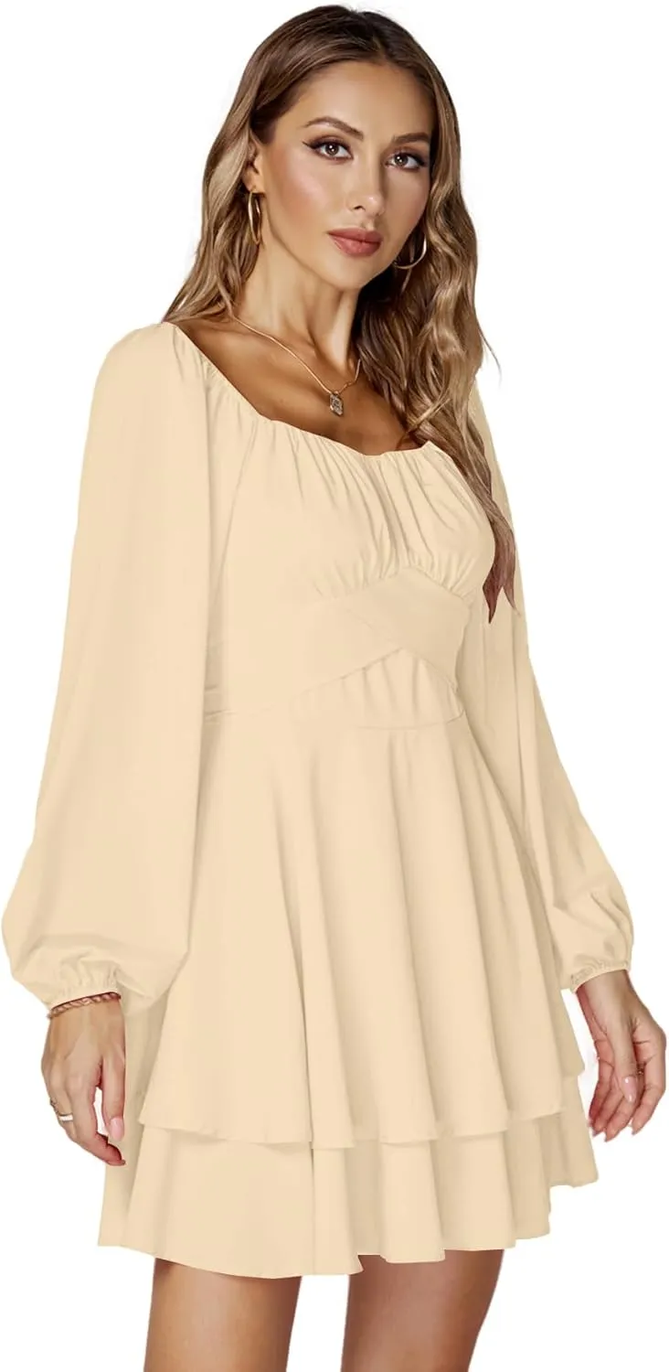 LYANER Women's Lantern Long Sleeve Wrap Tie Back Square Neck Double Layer Ruffle Hem A Line Short Mini Dress
