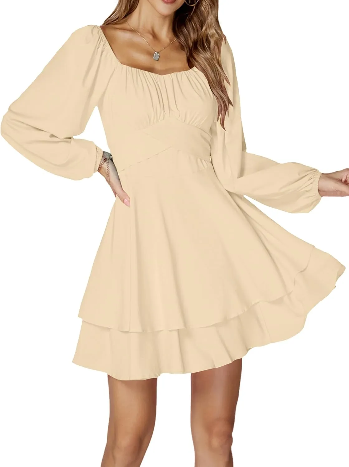 LYANER Women's Lantern Long Sleeve Wrap Tie Back Square Neck Double Layer Ruffle Hem A Line Short Mini Dress