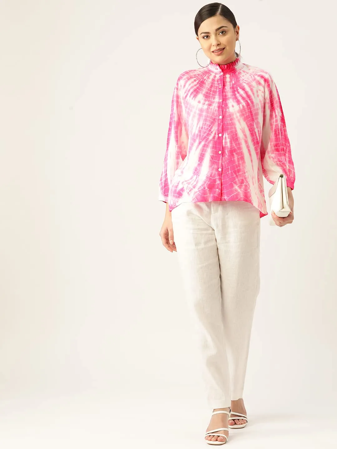 Maaesa Rayon Tie Dyed Loosefit Shirt for Women (Pink)