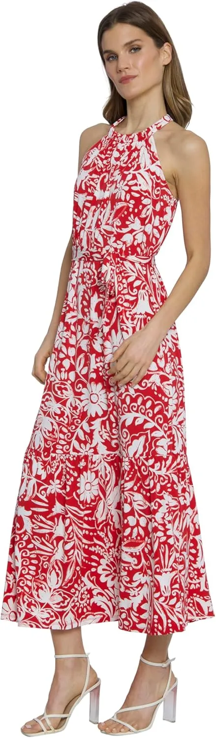 Maggy London Casual Sleeveless, Waist Tie, Maxi Unlined Halter Dresses for Women