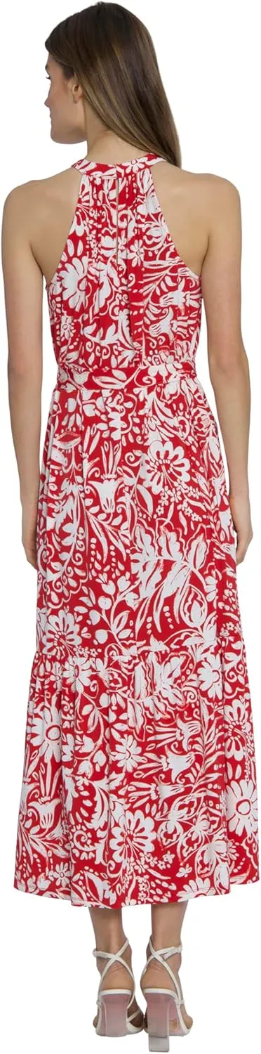 Maggy London Casual Sleeveless, Waist Tie, Maxi Unlined Halter Dresses for Women