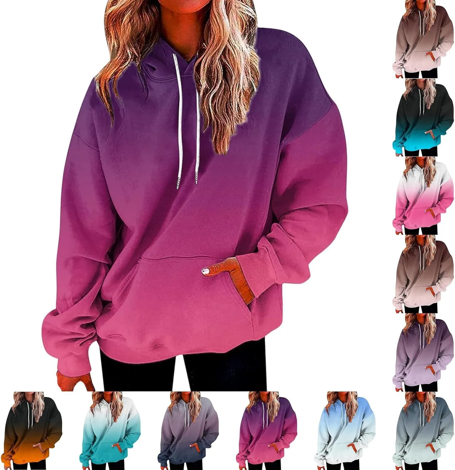 maisdgop Hoodies for Women Drawstring Pullover with Pocket Gradient Print Oversized Sweatshirt Casual Crewneck Hooded Tops