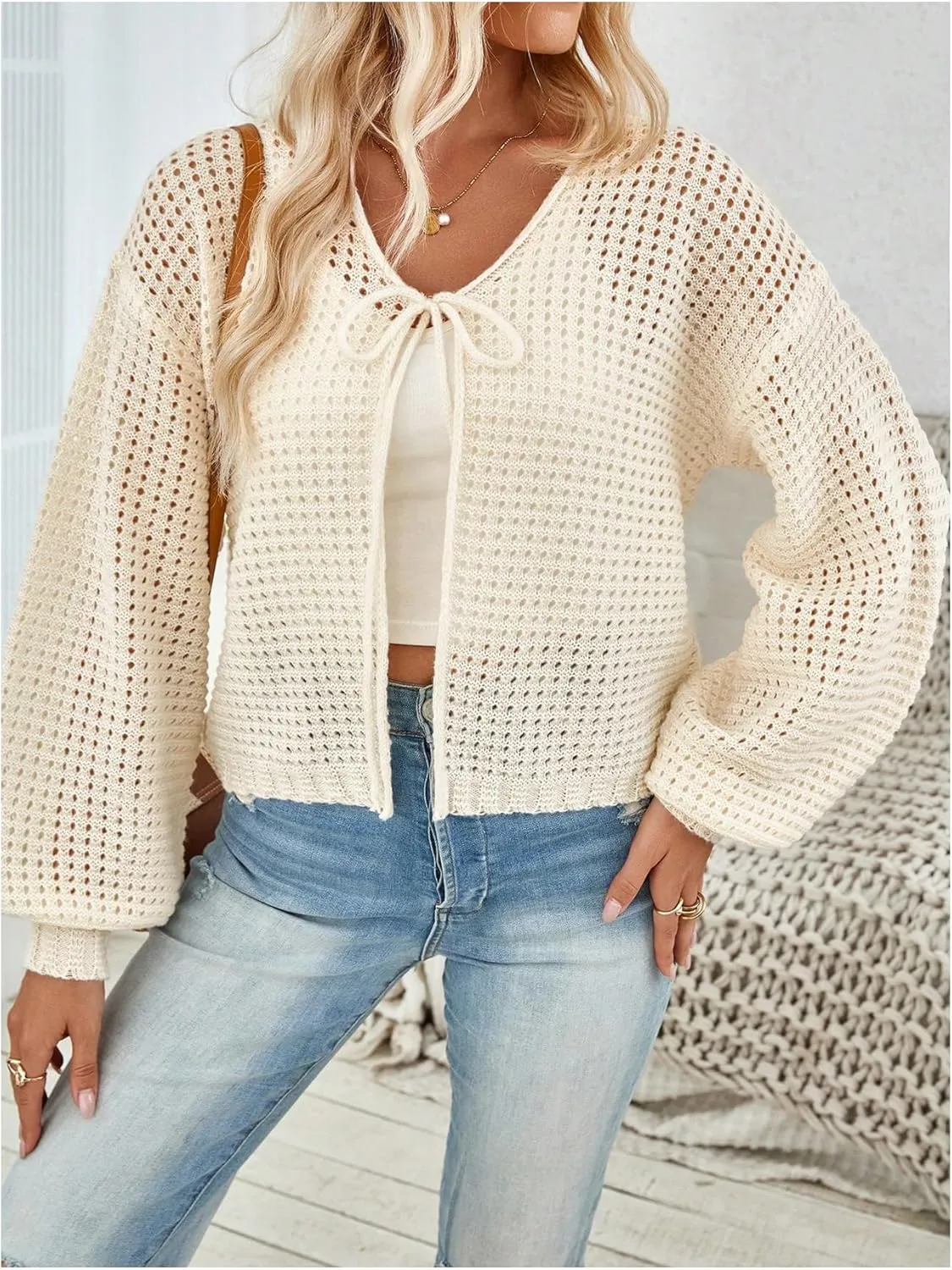 MakeMeChic Women's Crochet Lightweight Cardigan Sweaters Tie Front Hollow Out Knitted Long Sleeve Cardigan