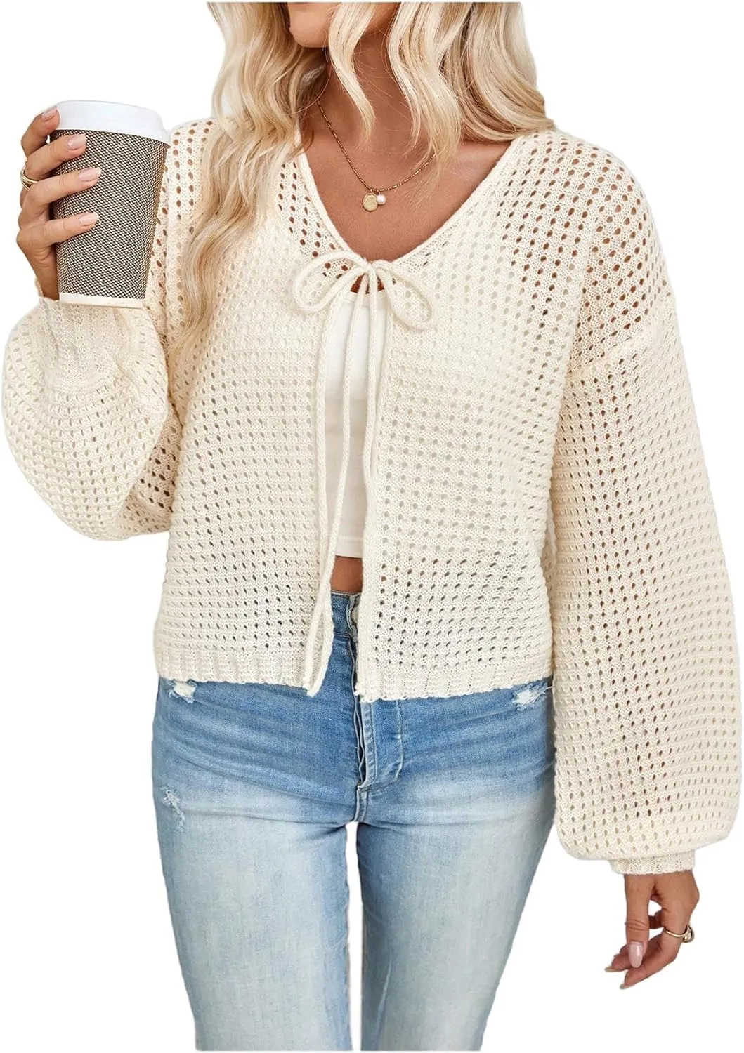 MakeMeChic Women's Crochet Lightweight Cardigan Sweaters Tie Front Hollow Out Knitted Long Sleeve Cardigan