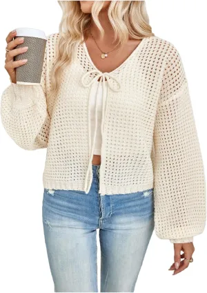 MakeMeChic Women's Crochet Lightweight Cardigan Sweaters Tie Front Hollow Out Knitted Long Sleeve Cardigan
