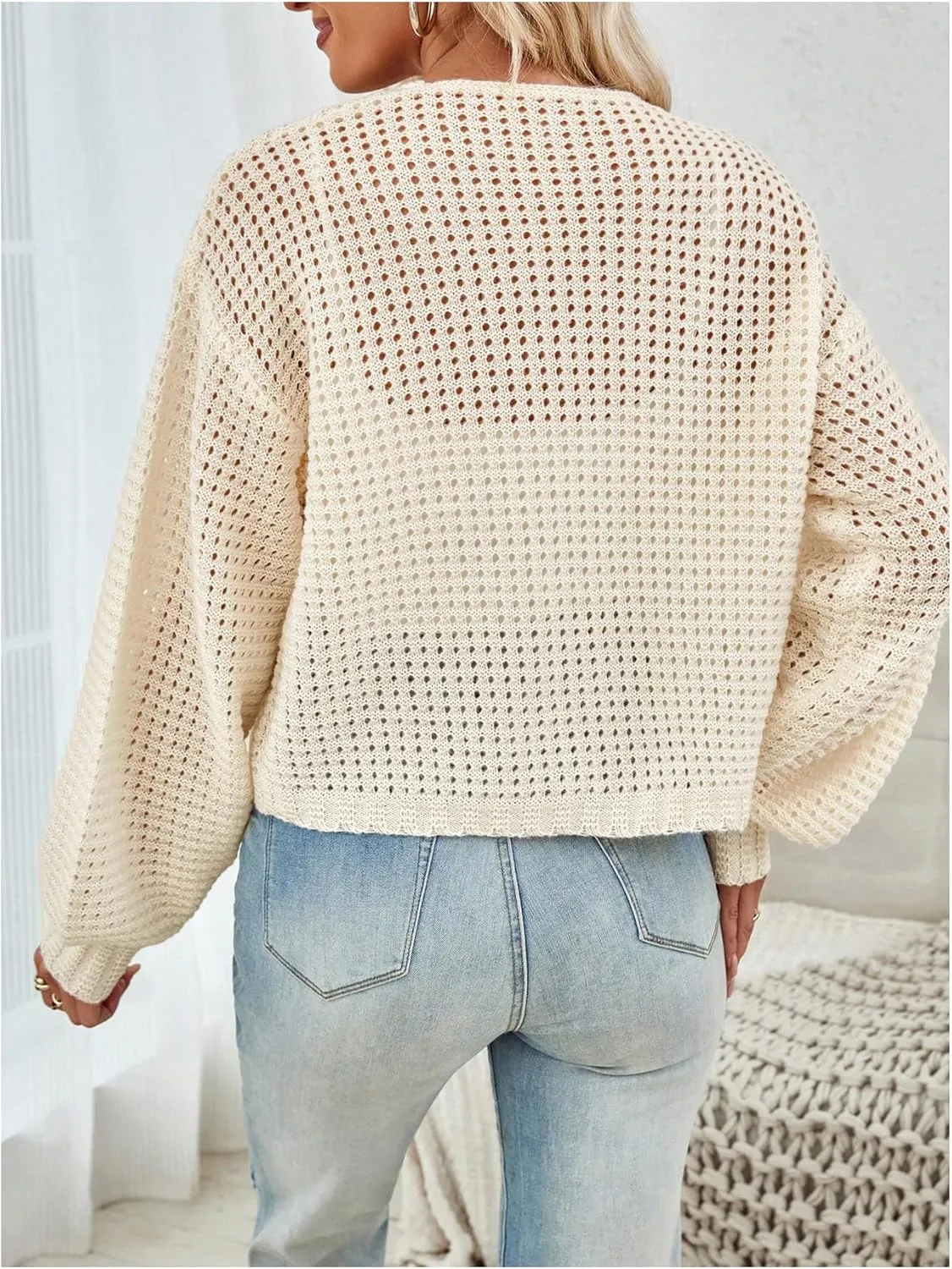 MakeMeChic Women's Crochet Lightweight Cardigan Sweaters Tie Front Hollow Out Knitted Long Sleeve Cardigan