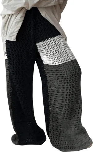 MakeMeChic Women's Crochet Wide Leg Pants Tie Waist Colorblock Hollow Out Trousers Knit Baggy Y2K Trousers