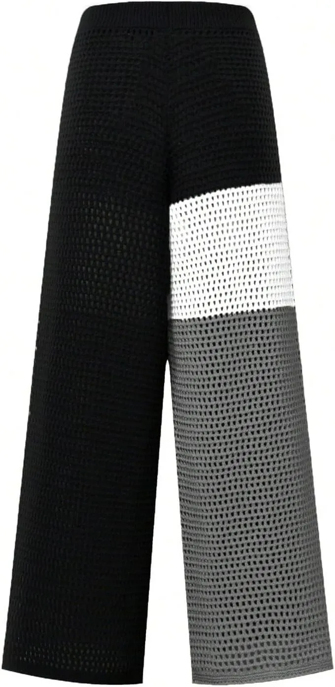 MakeMeChic Women's Crochet Wide Leg Pants Tie Waist Colorblock Hollow Out Trousers Knit Baggy Y2K Trousers