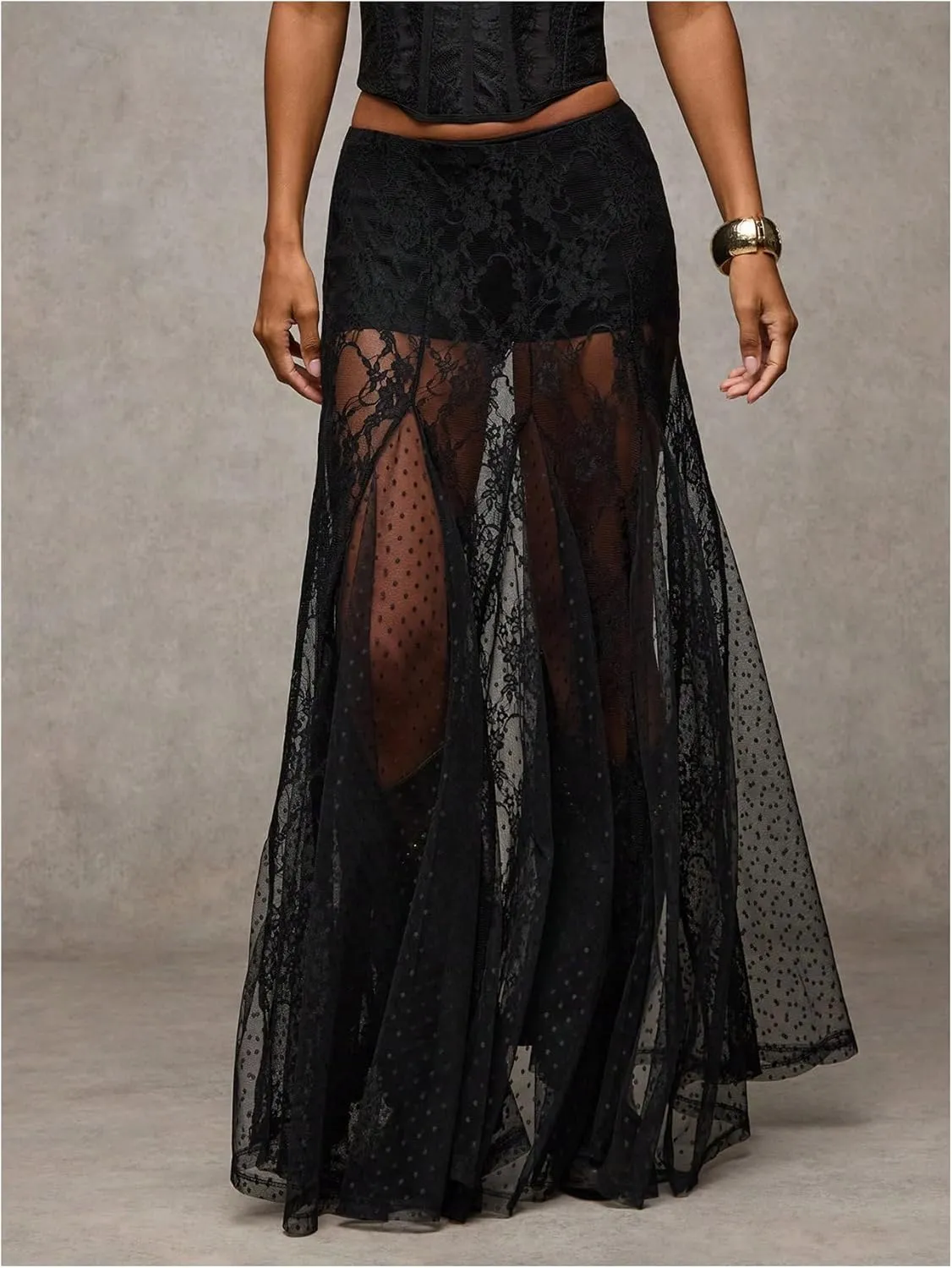 MakeMeChic Women's Floral Lace Sheer Split Thigh A Line Ruffle Summer Maxi Skirts