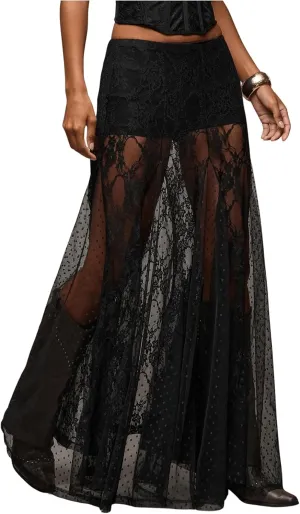 MakeMeChic Women's Floral Lace Sheer Split Thigh A Line Ruffle Summer Maxi Skirts