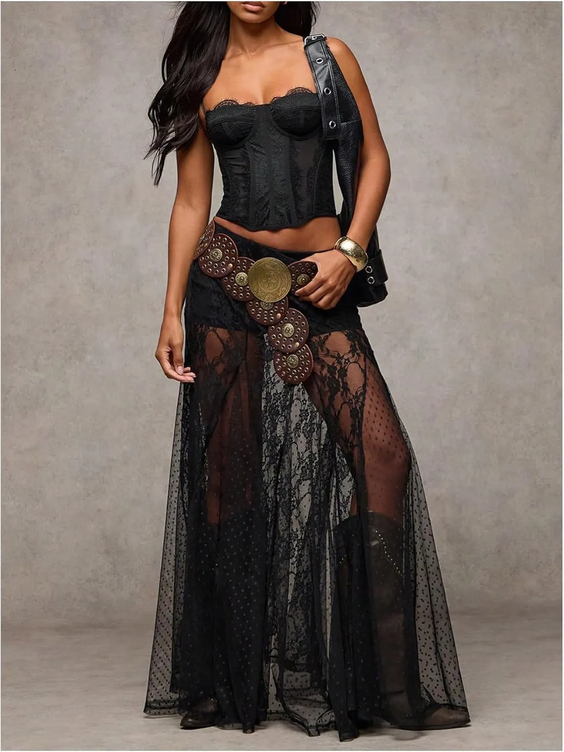 MakeMeChic Women's Floral Lace Sheer Split Thigh A Line Ruffle Summer Maxi Skirts