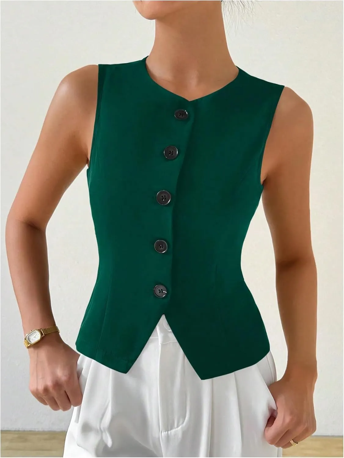 MakeMeChic Women's Sleeveless Single Breasted Blazer Round Neck Asymmetrical Hem Blazer Vest