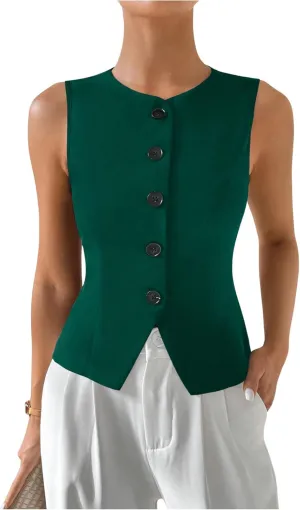 MakeMeChic Women's Sleeveless Single Breasted Blazer Round Neck Asymmetrical Hem Blazer Vest