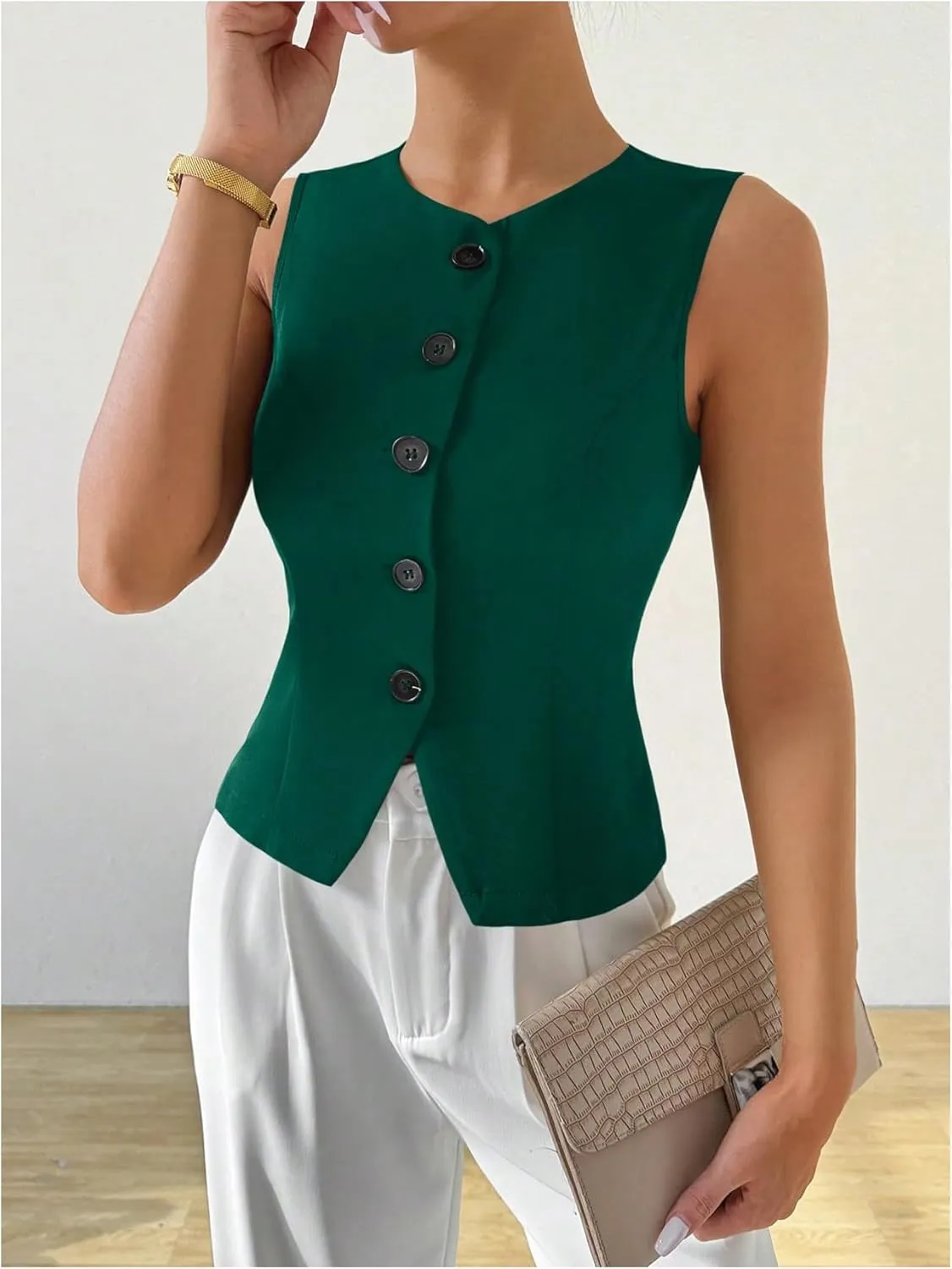 MakeMeChic Women's Sleeveless Single Breasted Blazer Round Neck Asymmetrical Hem Blazer Vest