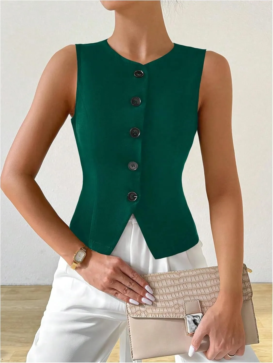 MakeMeChic Women's Sleeveless Single Breasted Blazer Round Neck Asymmetrical Hem Blazer Vest