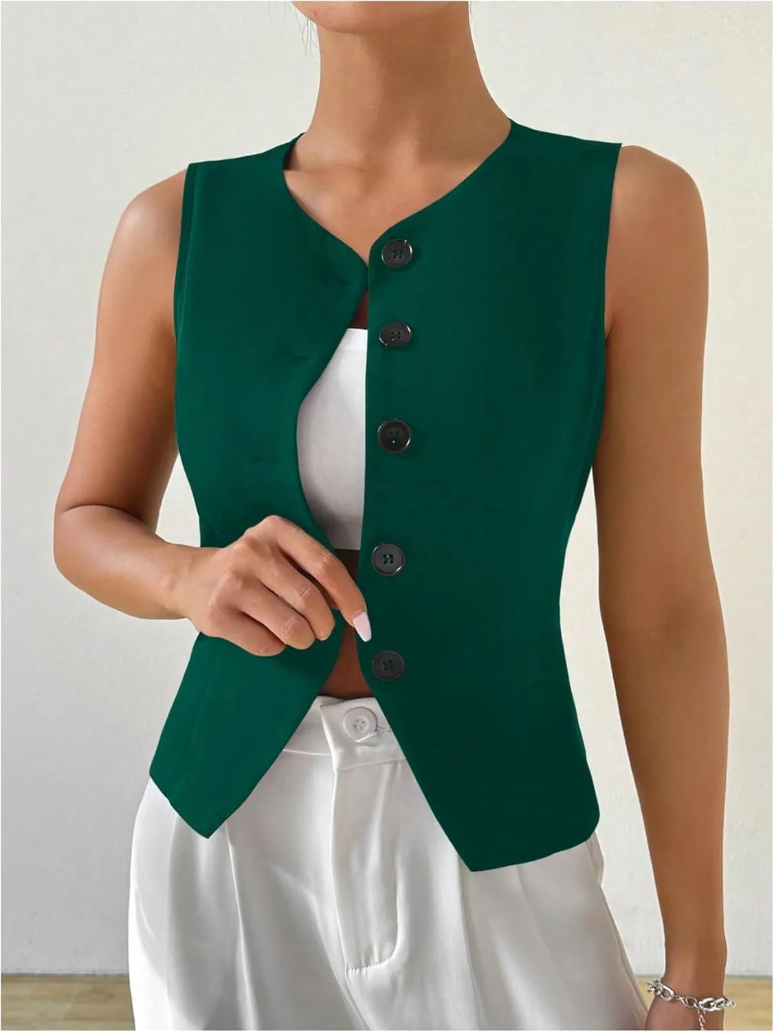 MakeMeChic Women's Sleeveless Single Breasted Blazer Round Neck Asymmetrical Hem Blazer Vest