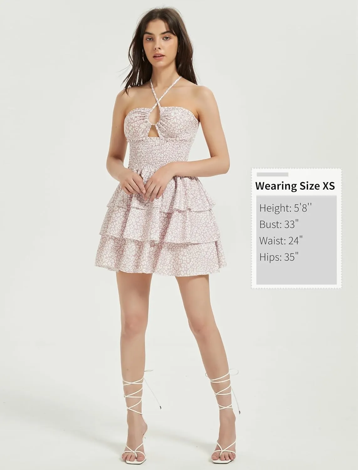 Mebius Womens Floral Mini Dress Summer Criss Cross Halter Backless Preppy Smocked Waist Short Ruffle Dress Picnic Beach