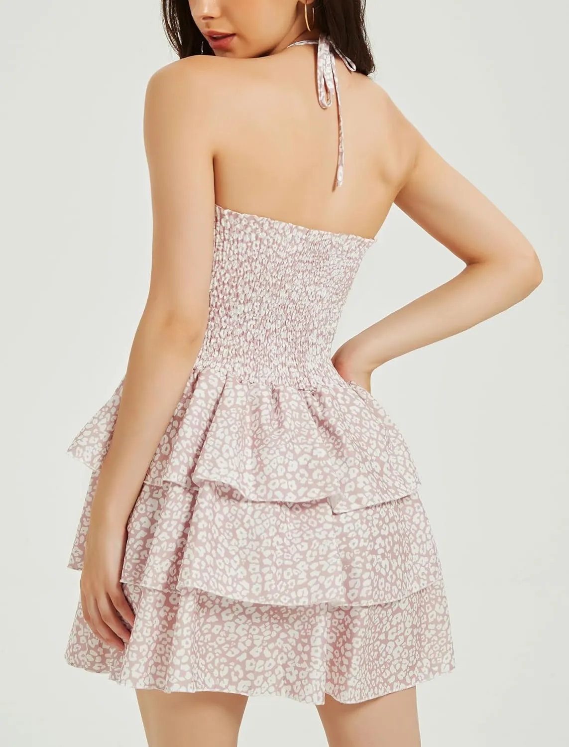 Mebius Womens Floral Mini Dress Summer Criss Cross Halter Backless Preppy Smocked Waist Short Ruffle Dress Picnic Beach