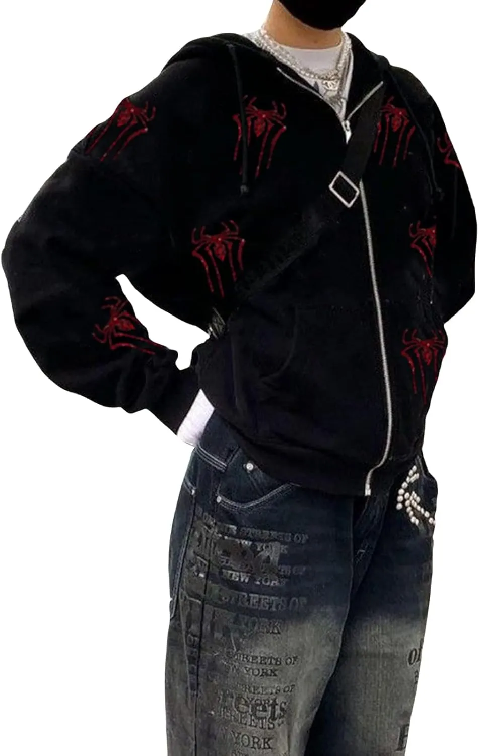 Men Womens Skeleton Zip Up Hoodie Y2k Oversized Rhinestone Skull Hooded Graphic Sweatshirt Thin Aesthetic Jackets