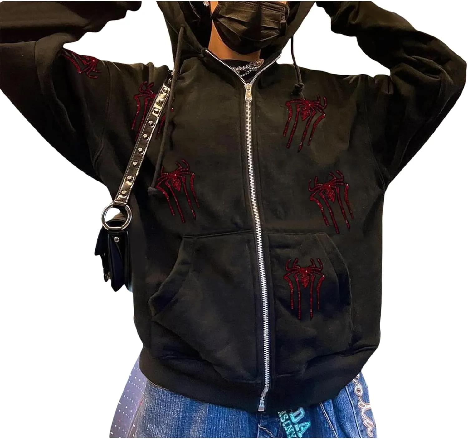 Men Womens Skeleton Zip Up Hoodie Y2k Oversized Rhinestone Skull Hooded Graphic Sweatshirt Thin Aesthetic Jackets