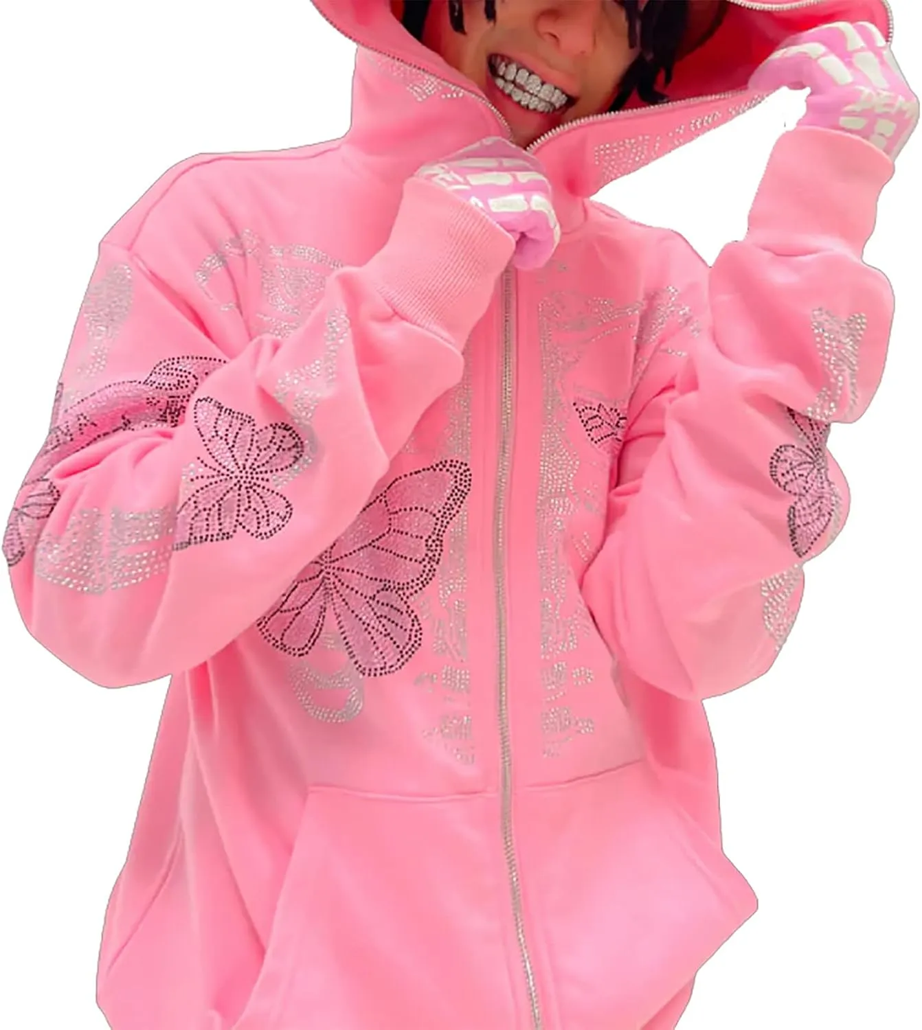 Men Womens Skeleton Zip Up Hoodie Y2k Oversized Rhinestone Skull Hooded Graphic Sweatshirt Thin Aesthetic Jackets