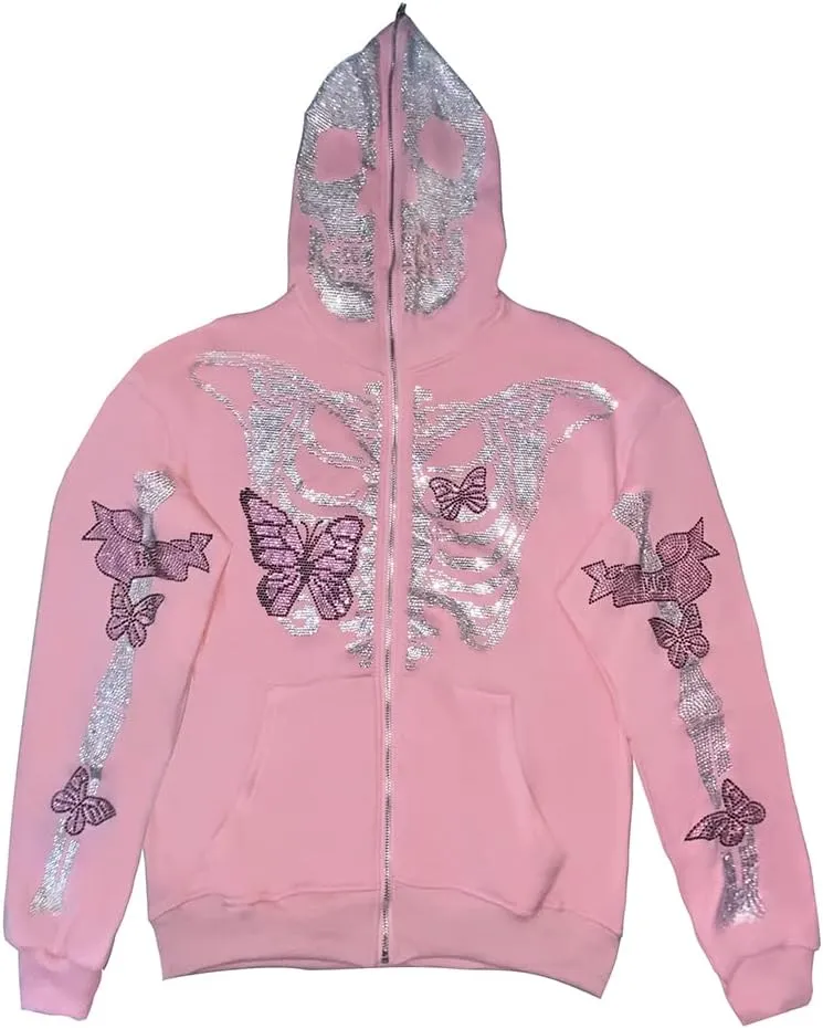 Men Womens Skeleton Zip Up Hoodie Y2k Oversized Rhinestone Skull Hooded Graphic Sweatshirt Thin Aesthetic Jackets