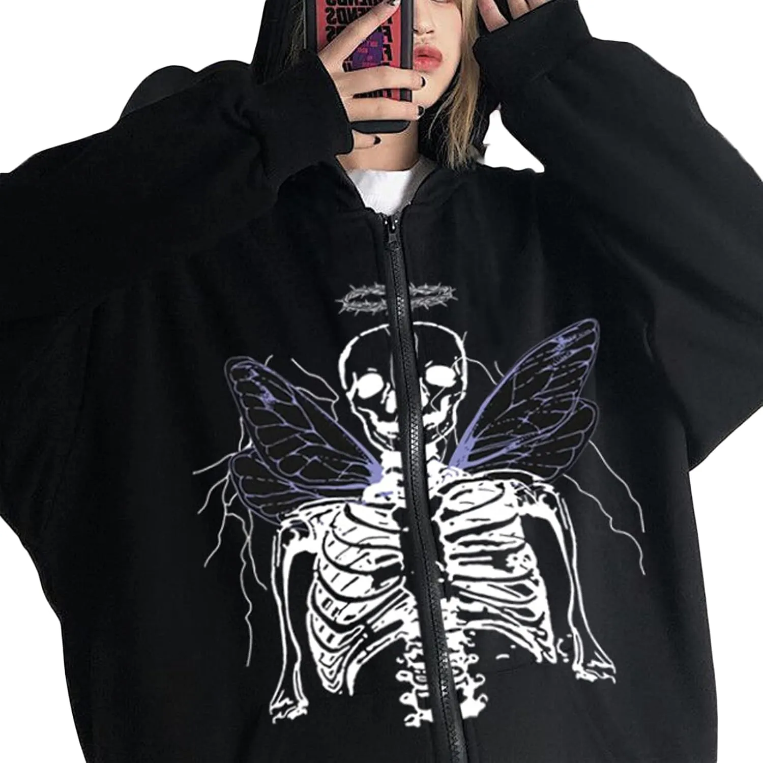 Men Womens Skeleton Zip Up Hoodie Y2k Oversized Rhinestone Skull Hooded Graphic Sweatshirt Thin Aesthetic Jackets
