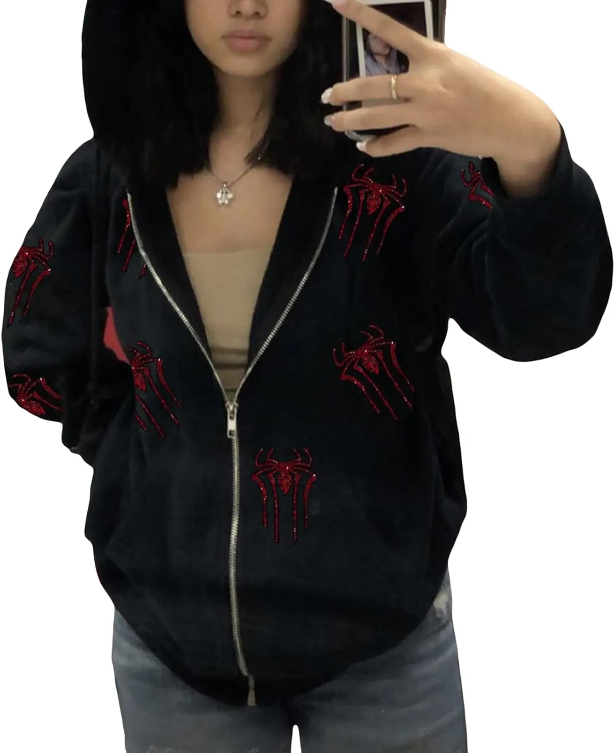 Men Womens Skeleton Zip Up Hoodie Y2k Oversized Rhinestone Skull Hooded Graphic Sweatshirt Thin Aesthetic Jackets
