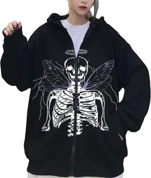 Men Womens Skeleton Zip Up Hoodie Y2k Oversized Rhinestone Skull Hooded Graphic Sweatshirt Thin Aesthetic Jackets