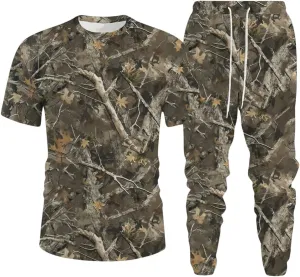Men's 2 Piece Track Suit Set Short Sleeve Camo Shirts and Drawstring Waist Jogger Pants Matching Set