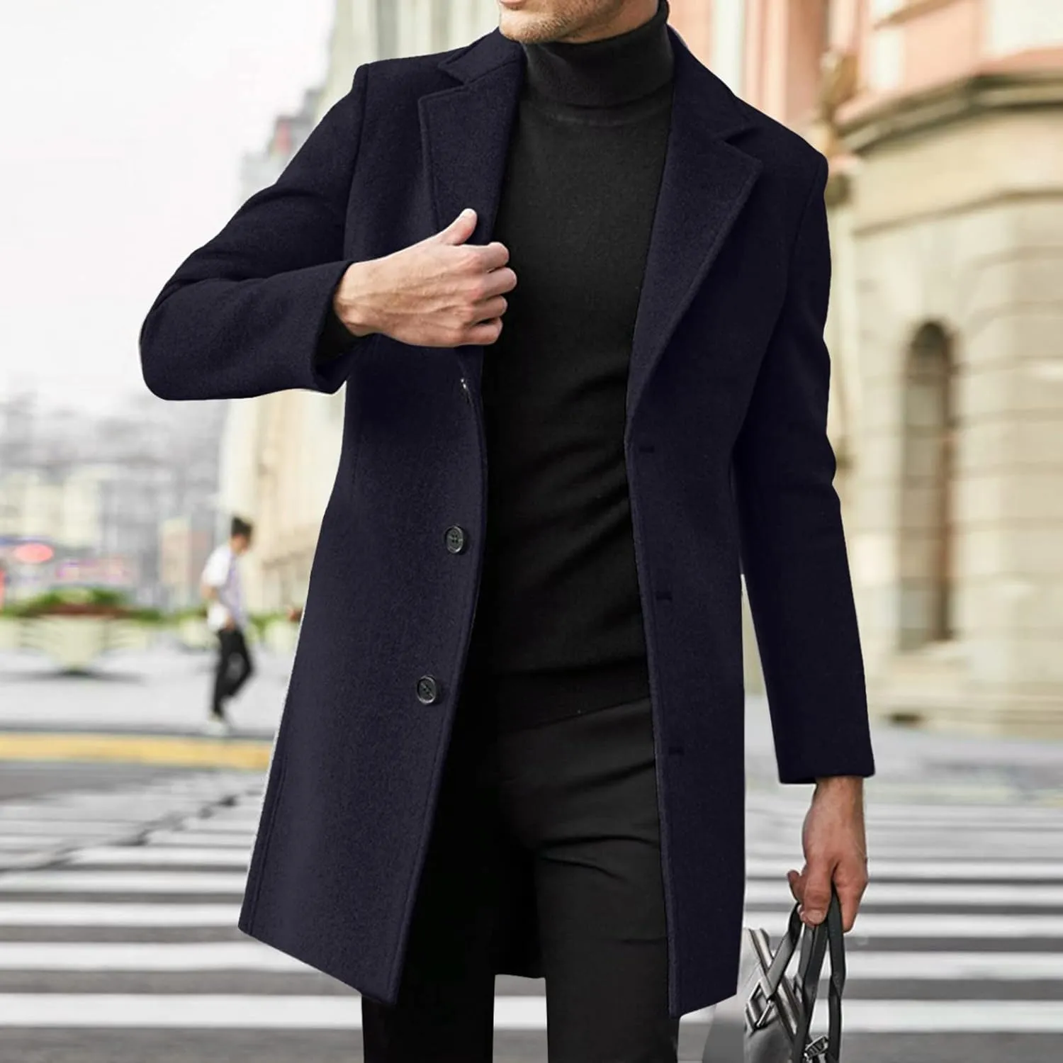Men's Casual Trench Coat Slim Fit Spread Collar Long Sleeve Jacket Thicken Overcoat Plus Size Vintage Breasted Pea Coat