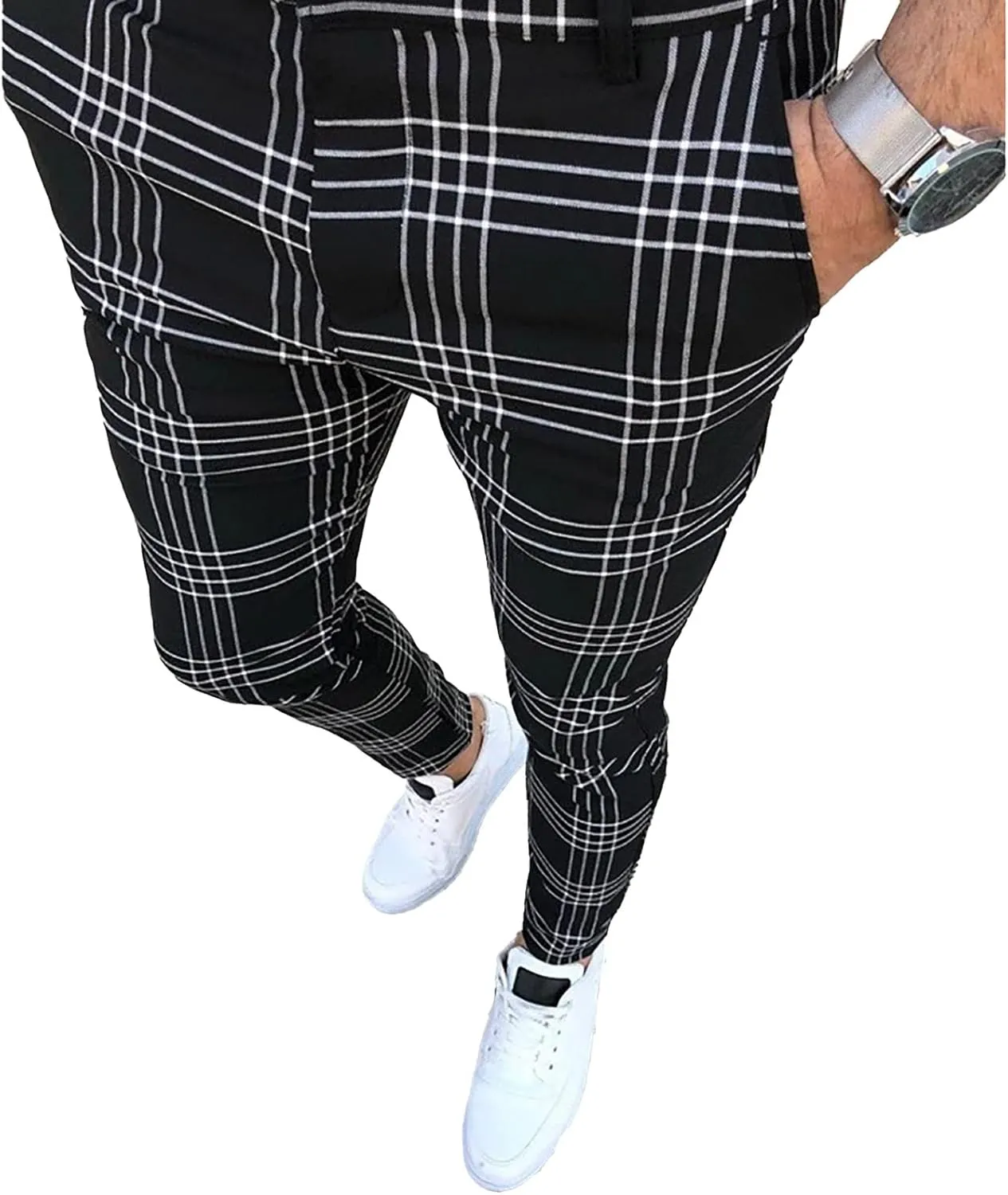 Mens Fashion Casual Plaid Pants Dress Chino Stretch Striped Long Pants Slim Fit Slack Trousers