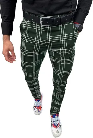 Mens Fashion Casual Plaid Pants Dress Chino Stretch Striped Long Pants Slim Fit Slack Trousers
