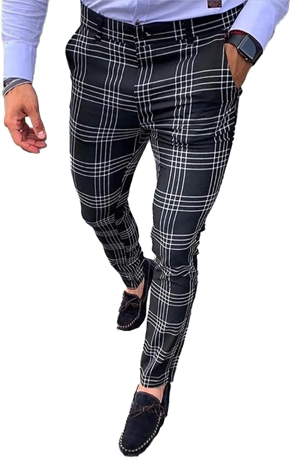 Mens Fashion Casual Plaid Pants Dress Chino Stretch Striped Long Pants Slim Fit Slack Trousers