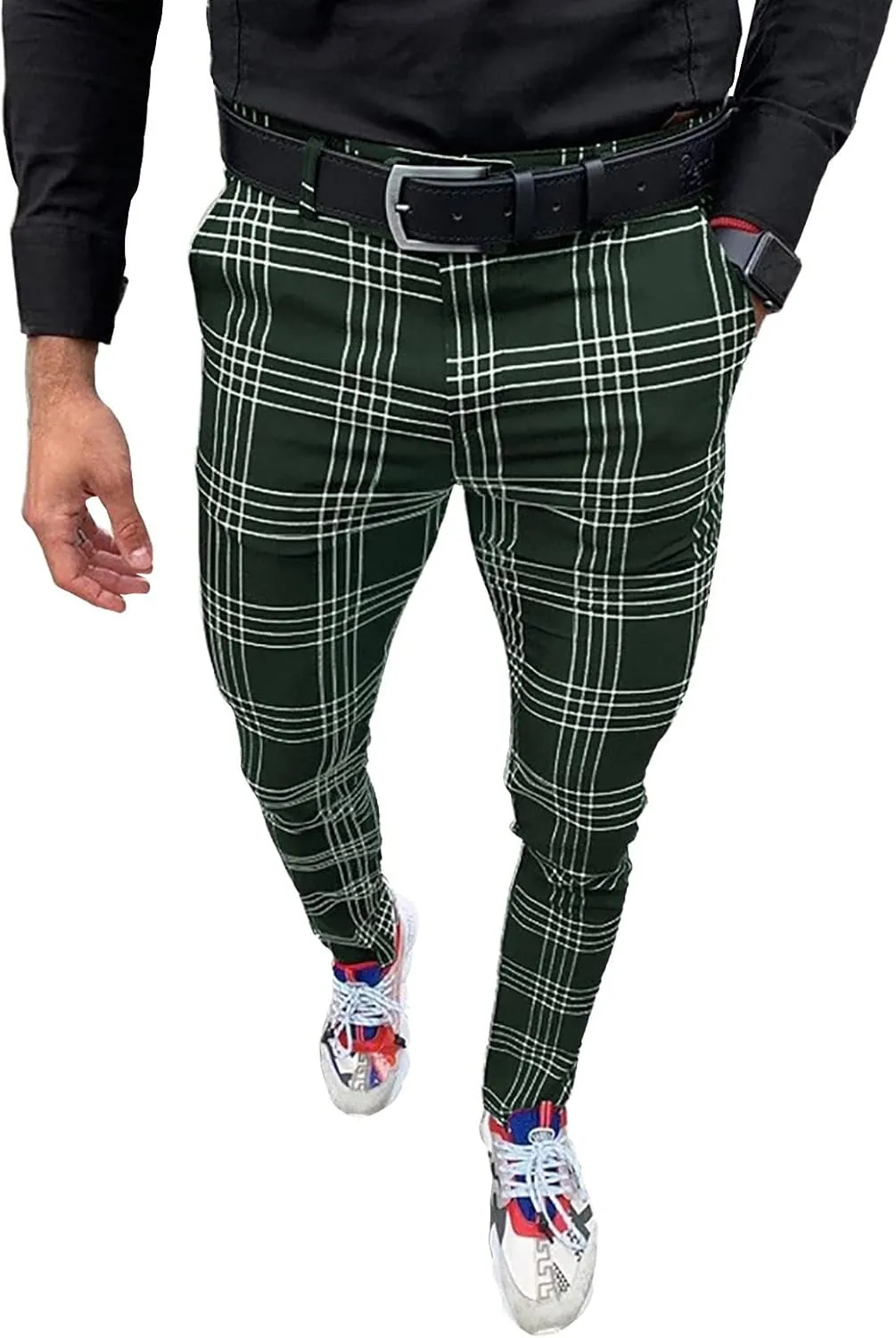 Mens Fashion Casual Plaid Pants Dress Chino Stretch Striped Long Pants Slim Fit Slack Trousers