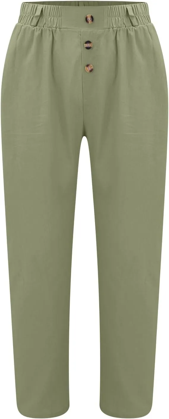 Mens Linen Pants Straight-Legs Lightweight Elastic Waist Cotton Pants Casual Summer Beach with Pocket Fashion Trousers