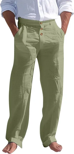 Mens Linen Pants Straight-Legs Lightweight Elastic Waist Cotton Pants Casual Summer Beach with Pocket Fashion Trousers