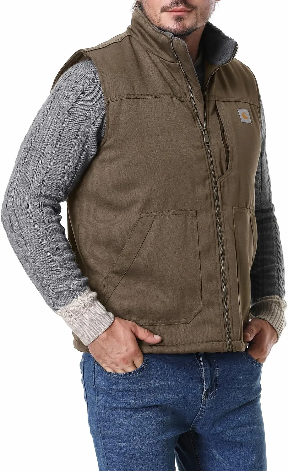 Men's Loose Fit Workwear Vest Fleece-Lined Durability Waterproof Mock-Neck Vest